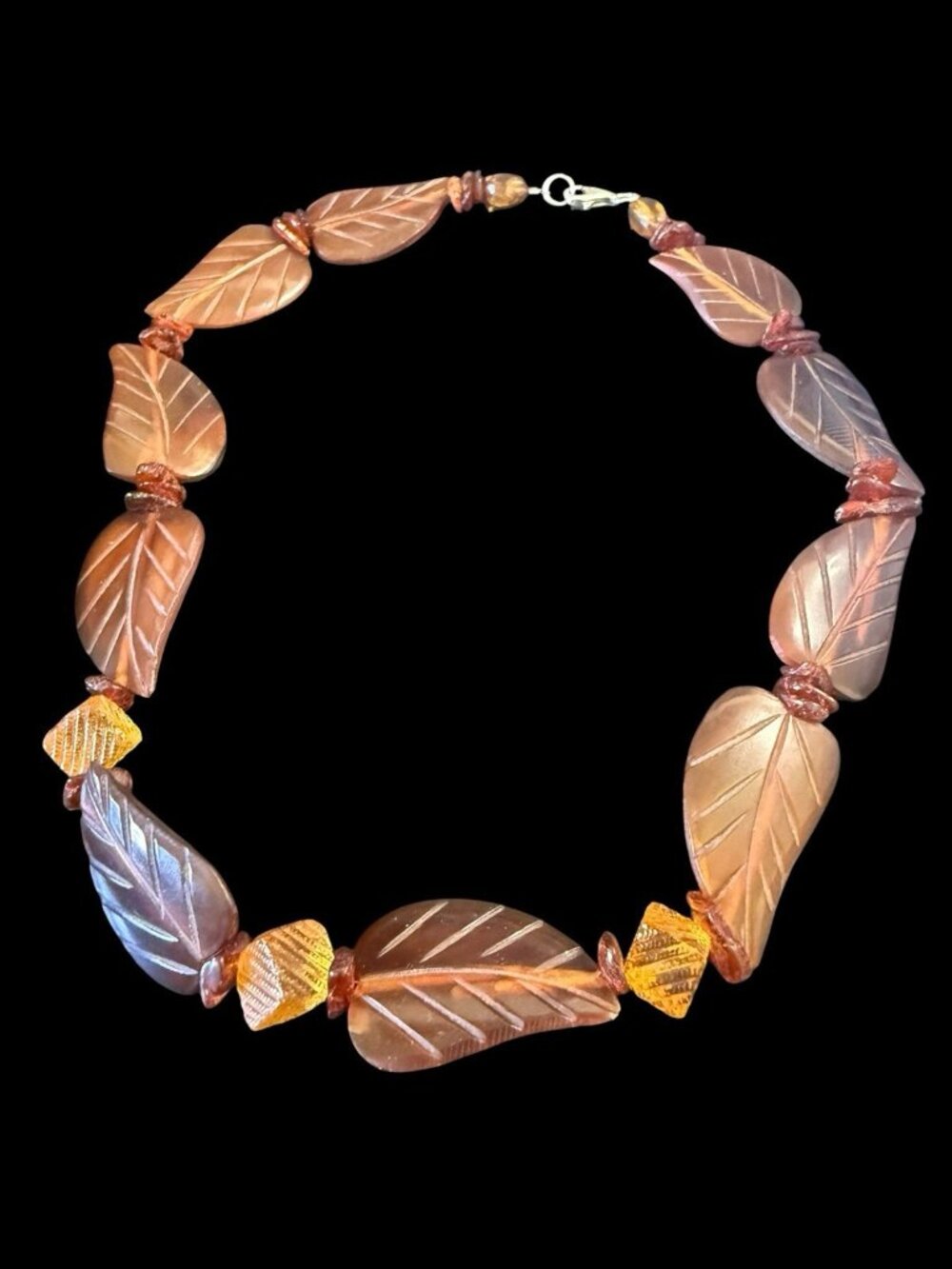 Genuine Baltic Amber Carved Leaf Bead Necklace 925 Sterling Silver Statement